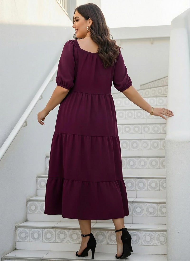 Globus Gloplus Women Burgundy Sweetheart Neck Puff Sleeves Self Design Ruched Detail Tiered Midi Plus Size A-Line Dress - Image 4